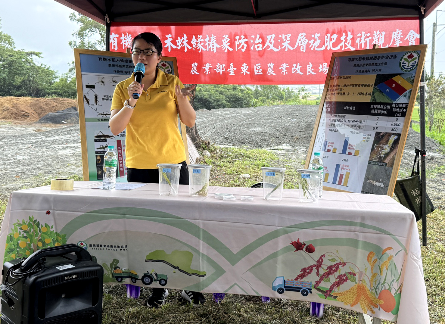 張方宜助理研究員以試驗田區說明禾蛛緣椿象防治技術 張方宜助理研究員以試驗田區說明禾蛛緣椿象防治技術