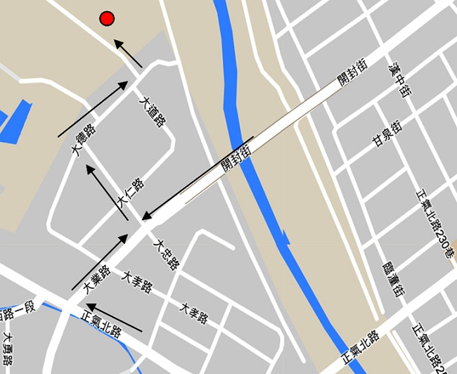 觀摩會交通路線圖：往豐樂工業區方向，由開封街或大業路轉大忠路到底右轉大德路，過大道路後左轉約100公尺到達會場。