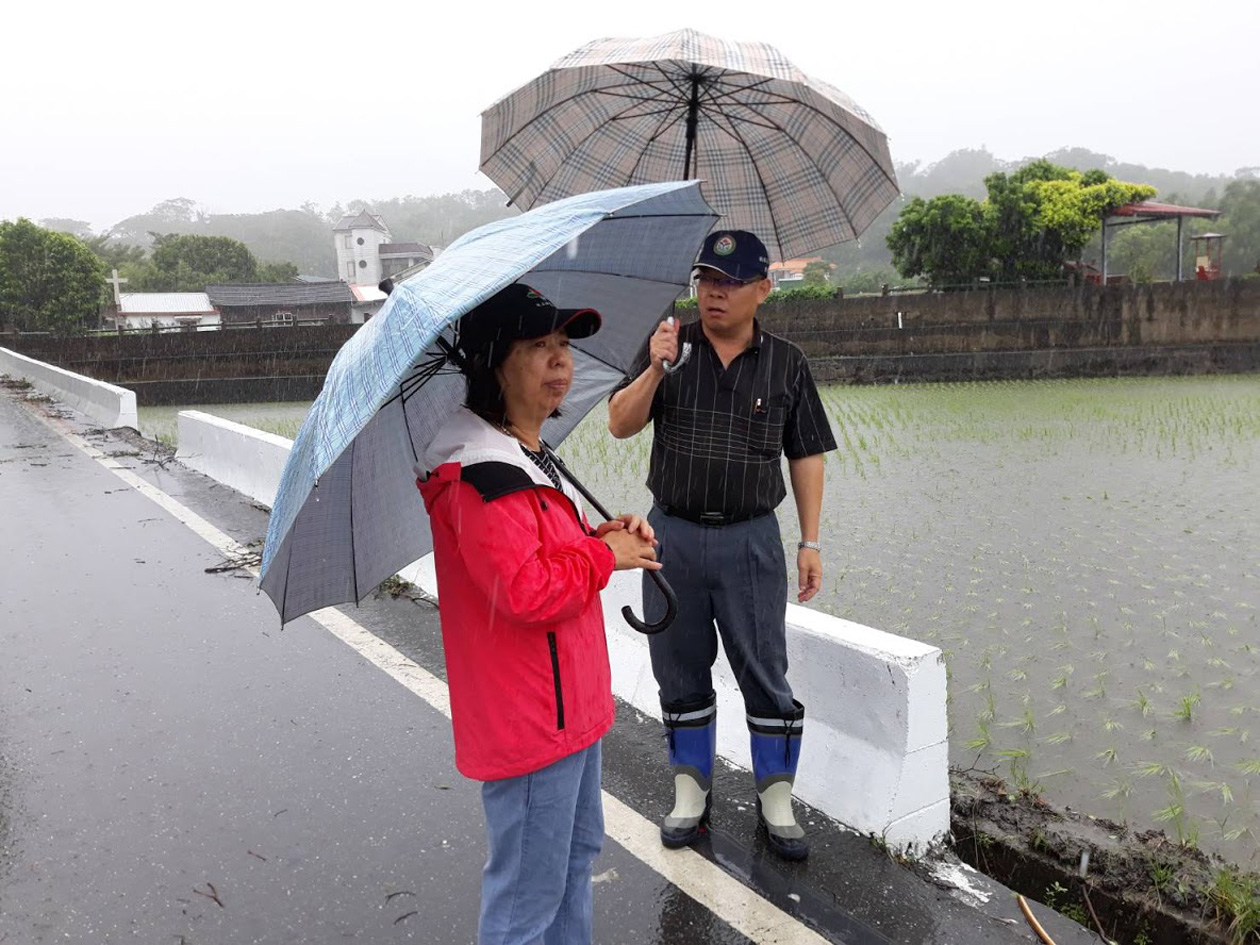 陳昱初副場長與池上鄉農會游玉櫻總幹事關心水稻淹水情形